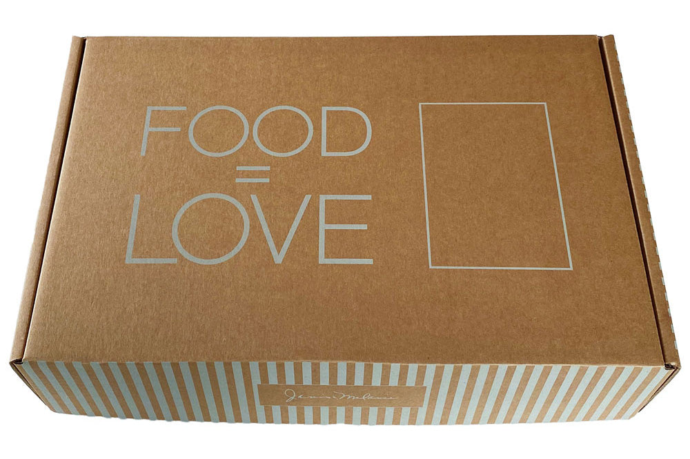 Brown cardboard box with 'FOOD = LOVE' text written on box