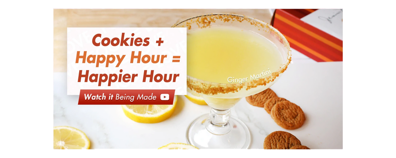 Ginger Martini in a cocktail glass with our Organic Ginger Thins crushed on the rim. Click for a video detailing how to make this drink. Delicious cookies plus happy hour equals a much happier hour with Janis & Melanie's Soon-to-Be Famous Ginger Martini.