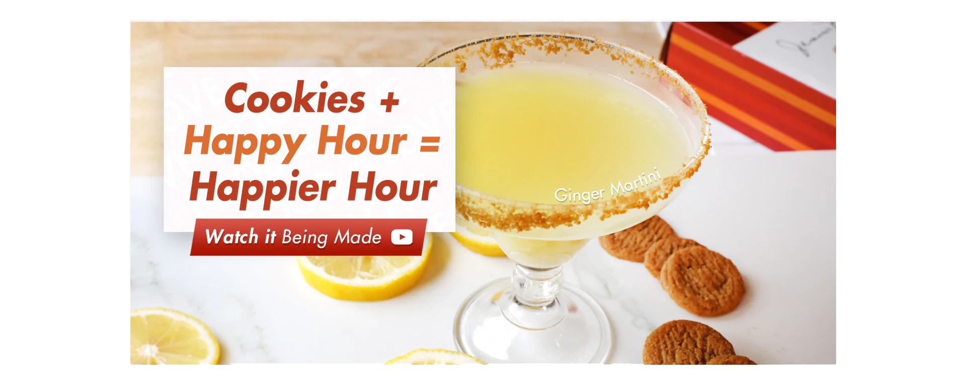 Ginger Martini in a cocktail glass with our Organic Ginger Thins crushed on the rim. Click for a video detailing how to make this drink. Delicious cookies plus happy hour equals a much happier hour with Janis & Melanie's Soon-to-Be Famous Ginger Martini.