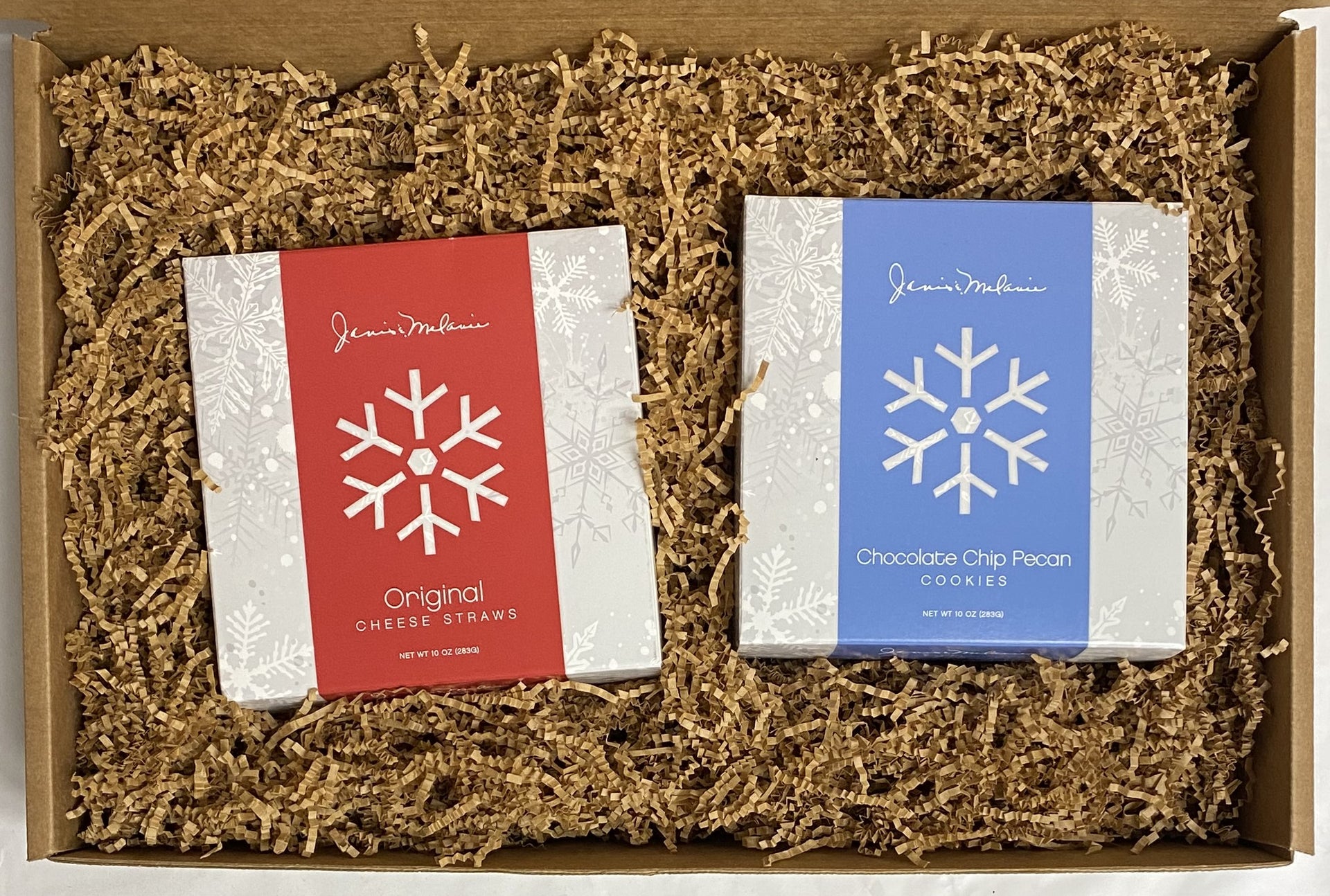 Food=Love Snowflake Gift Box 2 Pack with 10oz Original Cheese Straws & 10oz Chocolate Chip Pecan Cookies