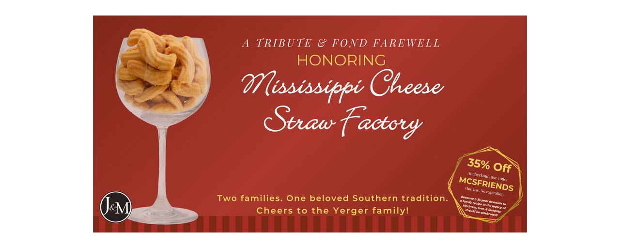 Tribute honoring Mississippi Cheese Straw Factory with a wine glass of cheese straws on a red background. Link to blog and coupon code MCSFRIENDS