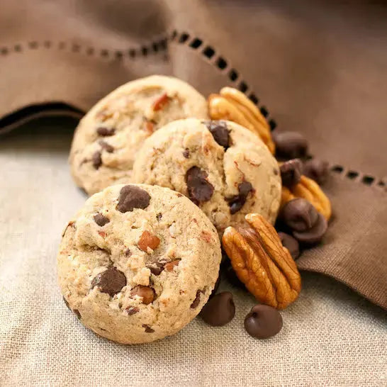 close up image of Janis & Melanie Chocolate Chip Pecan Cookies