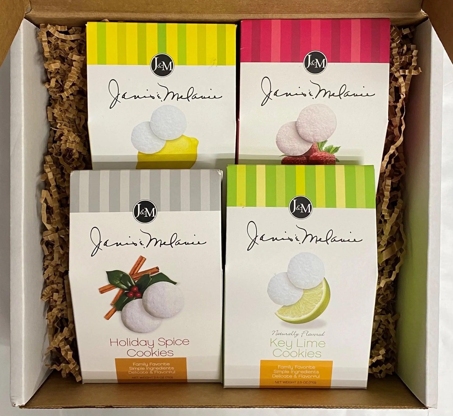 Tea cookies displayed inside an open Janis & Melanie Food = Love gift box