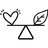 minimalist graphic illustration of a balance scale with a heart on one end and a leaf on the other.