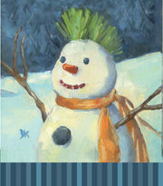 Closeup of the art on Janis & Melanie Snowman Gift Tin