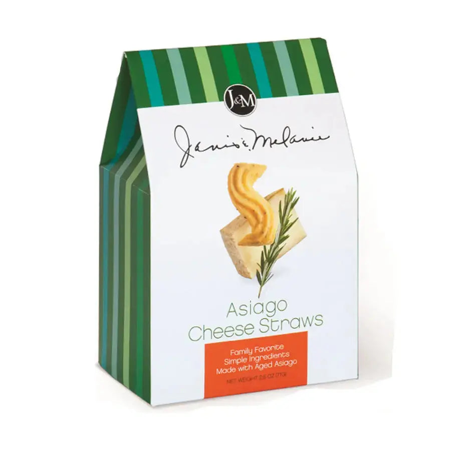 Janis & Melanie Asiago Cheese Straws in a 2.5 oz carton