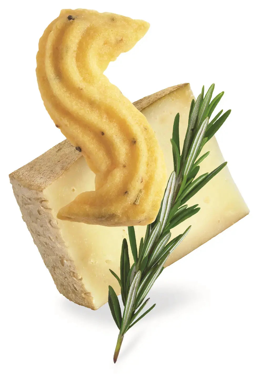 Closeup of a cube of asiago cheese, a twig of rosemary, and a Janis & Melaine Asiago Cheese Straw