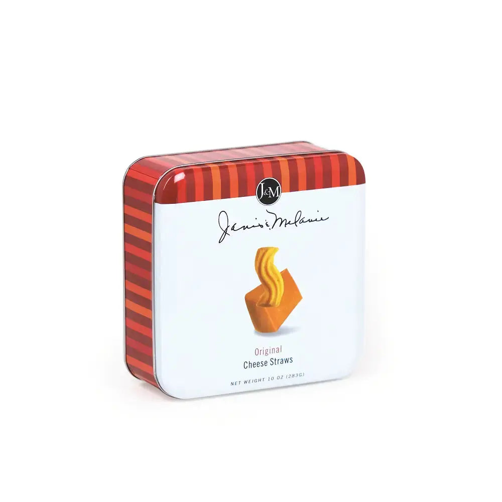 Janis & Melanie Original Cheese Straws in a 10 oz keepsake tin