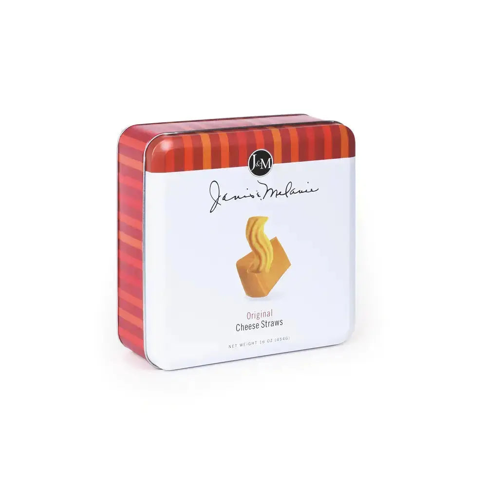 Janis & Melanie Original Cheese Straws in a 16 oz keepsake tin