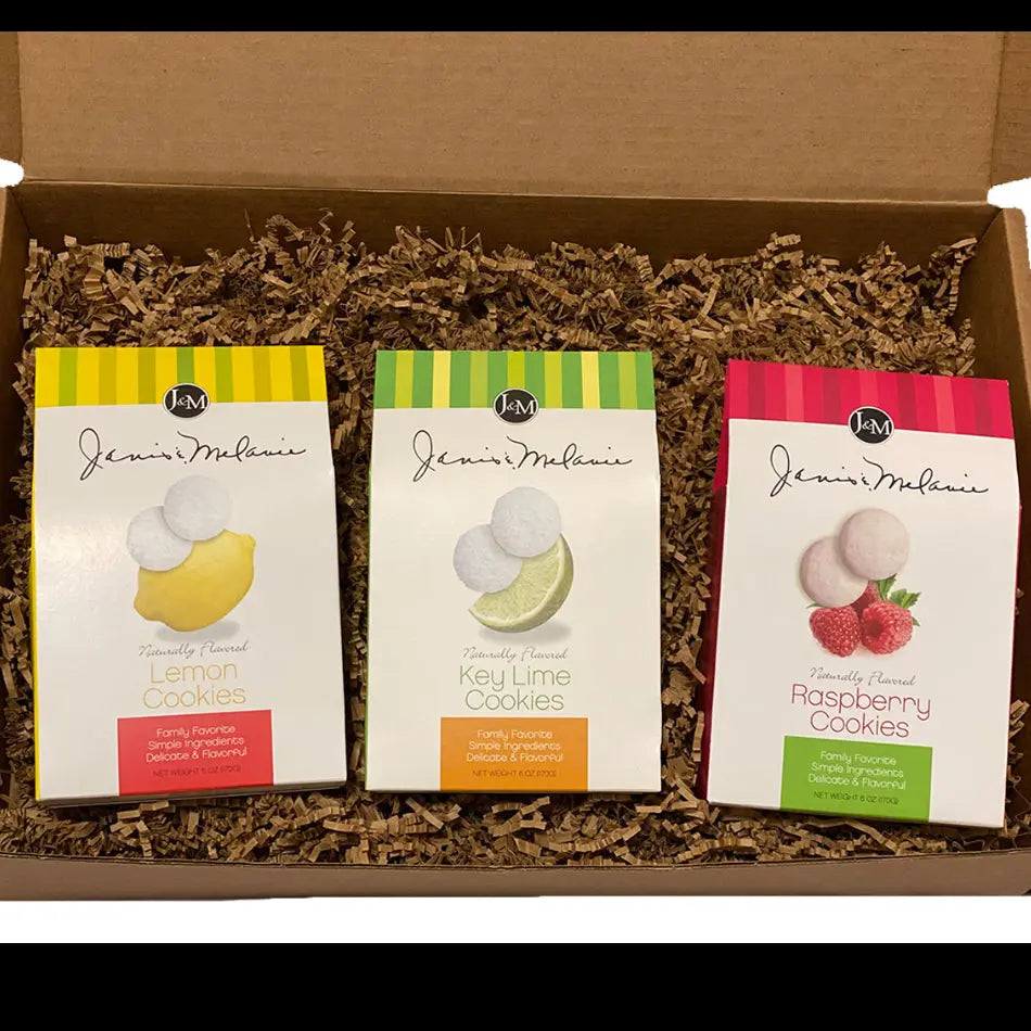 Tea cookies displayed inside an open Janis & Melanie Food = Love gift box