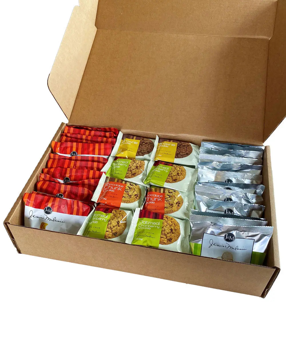 Assorted snacks inside an open Janis & Melanie Food = Love gift box