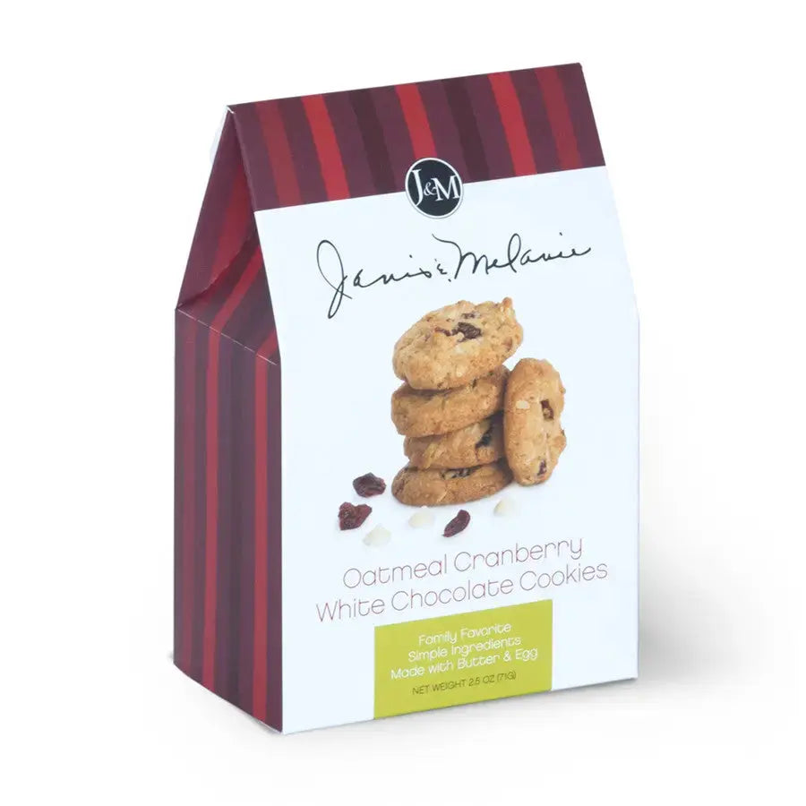 Janis & Melanie Oatmeal Cranberry White Chocolate Cookies in a 2.5 oz carton